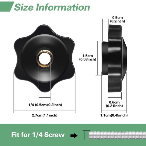 12 Pack 1/4-20 Star Knobs With Brass Insert Hex Head Thru Clamping Knobs showing size dimensions and threading fit