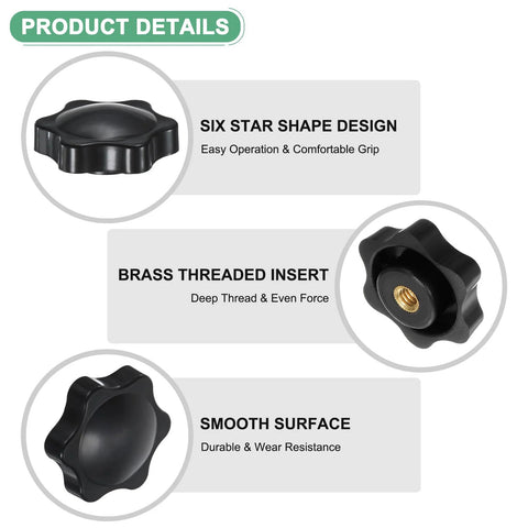 Six Pack Star Knobs With Quarter Inch Female Thread Hex Head Blind Hole Clamping Grips Black