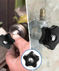 4 Pcs 3/8-16 Star Knobs with Female Threads, Nylon and Copper for T-Track Bolts and Jigs, used in workshop equipment setup.