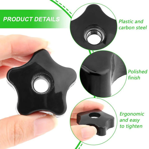 Close-up of a black five star knob with 3/8-16 through hole, polished finish, made from plastic and carbon steel, ergonomic and durable.