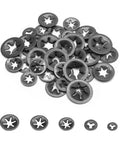 Star Locking Tooth Washers Kit 50Pcs 5 Sizes M2 To M5 For Quick Fasteners, close-up showing assortment of steel washers with star design.