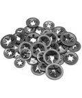 Star Locking Tooth Washers Kit 50Pcs 5 Sizes M2 To M5 For Quick Fasteners, gray steel star washers scattered on white background.