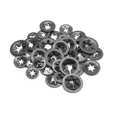 Star Locking Tooth Washers Kit 50Pcs 5 Sizes M2 To M5 For Quick Fasteners, gray steel star washers scattered on white background.