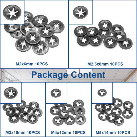 Star Locking Tooth Washers Kit 50Pcs 5 Sizes M2 to M5 showing organized layout and packaging details.