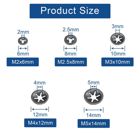 Diagram displaying sizes in Star Locking Tooth Washers Kit 50Pcs 5 Sizes M2 To M5 For Quick Fasteners