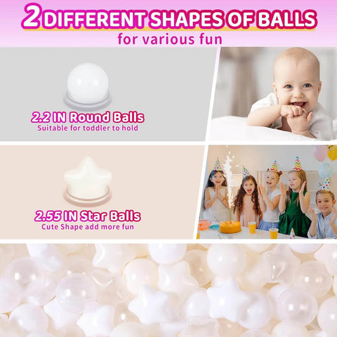 Ball Pit Balls 100 PCS, Star Shapes for Babies Kids Playpen Plastic Balls for Babies Ball Pool Puppy Playballs, Beige White Clear