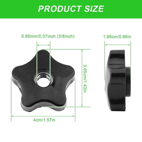 Four Pack T Track Knobs for Sawing and Drilling Machines through hole three eighths inch, black five star shape with side view dimensions