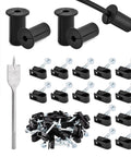 Efficient cable routing kit with four grommets, 30 clips, a one inch spade drill bit, and five sixteenth inch bits displayed.