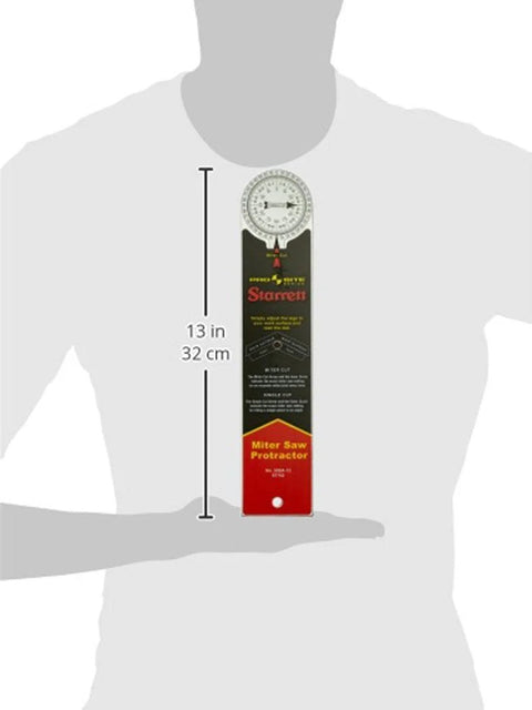 Starrett 12-Inch Aluminum Miter Protractor with Dual Laser Engraved Scales in packaging held by person showing size