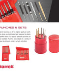 Eight Piece Drive Pin Punch Set with knurled grips in a round red storage box; 4 inch length, diameters from 1/16 to 5/16 inch