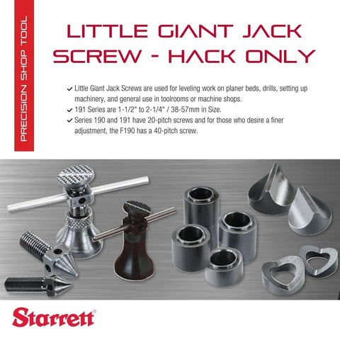 Little Giant Jack Screw from Starrett provides precise leveling for planers, drills; various components displayed on white surface.