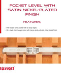 Starrett pocket level 2-1/2 inch, hex brass body with satin nickel finish in product packaging showing features.