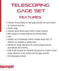 Starrett Telescoping Gage Set features overview for accurate hole sizing and self-centering with two arms, 5/16 to 6 inches range.