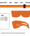 StarShield Fit Over Sunglasses With Lenses And Blue Light Blocking UV Protection with dimensions and sizing guide.