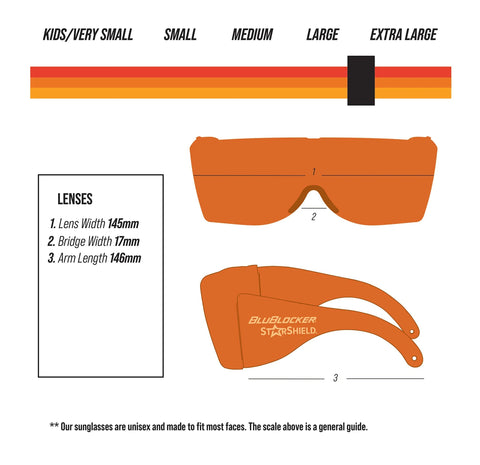 StarShield Fit Over Sunglasses With Lenses And Blue Light Blocking UV Protection with dimensions and sizing guide.