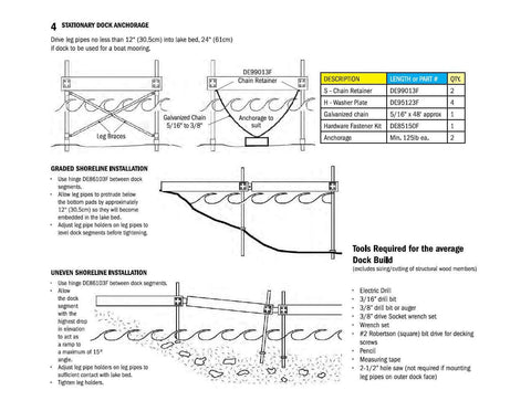 Diagram showing dock anchorage with heavy duty side leg pipe holder for stationary dock, galvanized steel, 11 gauge construction.
