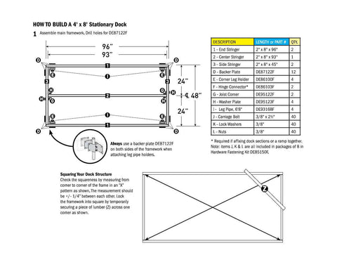 Blueprint diagram for building a 4'x8' stationary dock, showing measurements and parts list for assembly with pipe holders.