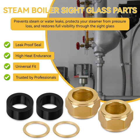Pro Grade Sight Glass Steamer Parts Kit For Five Eighth Inch ID Valves And Tubes, gaskets, washers, brass nuts displayed.
