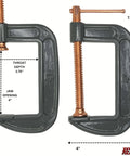 ATE Pro USA 6 Pack 4 Inch Heavy Duty Steel C Clamps with measurements for woodworking, welding, metalwork, DIY projects.