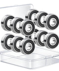 Pack of 12 608-2RS sealed ball bearings 8x22x7mm in steel with portable storage box, opened, showing bearings for skateboard wheels.