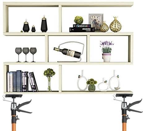 4PK Support Pole, Steel Telescopic Adjustable 3rd Hand Support System holding up a decorative shelf display