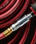 G Style Quick Connect Air Coupler Half Inch FNPT Steel Construction with Drag Guard connected to red air hose