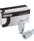 One Quarter Inch Air Hose Fittings Industrial M Type Coupler Quick Connect Kit One Quarter Inch NPT Male Threads Steel Material 300 PSI Rating Ten Pack For Air Compressors And Tools next to packaging