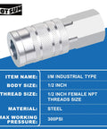 Half Inch Air Hose Fittings Set High Flow Pro Grade Industrial Type Coupler with 1/2 In FNPT Threads 300 PSI Steel