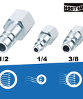 Various sizes of steel quick-connect plugs for air hoses, including One Half Inch Air Hose Fittings Set With High Flow Industrial Style Coupler And Plugs Three Piece Steel Quick Connect Kit For Air Compressors 300 PSI Rating Includes Half Inch MNPT And Half Inch NPT Plugs