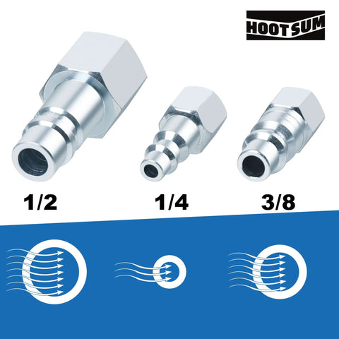 Various sizes of steel quick-connect plugs for air hoses, including One Half Inch Air Hose Fittings Set With High Flow Industrial Style Coupler And Plugs Three Piece Steel Quick Connect Kit For Air Compressors 300 PSI Rating Includes Half Inch MNPT And Half Inch NPT Plugs