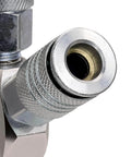 Close-up of Steel Three Way Air Manifold with Universal Quick Connect Couplers, showing 1/4 inch outlet.