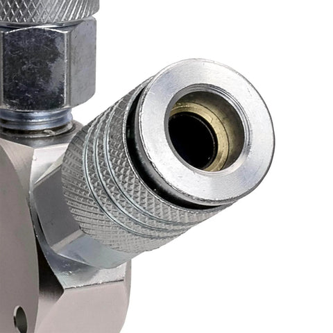 Close-up of Steel Three Way Air Manifold with Universal Quick Connect Couplers, showing 1/4 inch outlet.