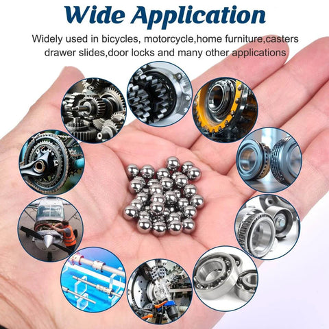 Hand holding assorted 610 Piece Ball Bearings Set Loose Steel Bearings In Six Sizes for small motors and RC projects, with various applications shown.