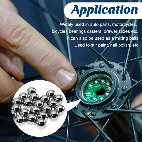 Hand installing 610 Piece Ball Bearings Set Loose Steel Bearings in bicycle wheel with close-up of bearings.
