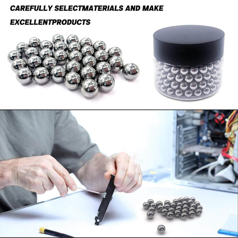 Person using steel balls in assembly with container of small metal balls, showcasing craftsmanship and precision materials.