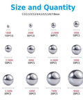 Size chart showing various steel balls from 1mm to 8mm, suitable for 620-Pack Utility Cart 8 mm Platform Size Stainless Steel Frame Built for Moving