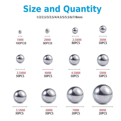 Size chart showing various steel balls from 1mm to 8mm, suitable for 620-Pack Utility Cart 8 mm Platform Size Stainless Steel Frame Built for Moving