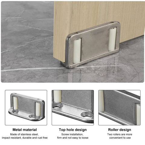 Four Barn Door Floor Guide Bearings With Adjustable Bottom Rollers In Durable Steel Frame For Silent Smooth Operation and Space Saving Sliding Hardware installed on floor
