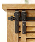 4Ft Bypass Mini Sliding Barn Door Hardware Kit attached to wooden cabinet showcasing black coated steel track system.
