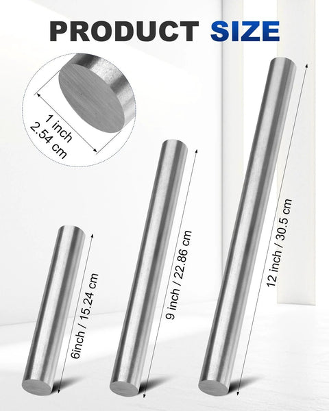 Image showing size comparison of metal rods including Two 12 Inch Long 1 Inch Diameter 1018 Carbon Steel Bars Cold Rolled For Metalworking.