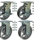 BBQ Pit 6" Steel Caster Kit with Mounting Hardware, 5,000 Lbs. Total Capacity, showing 2 swivel and 2 rigid casters.