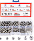 800-pack of chrome steel bearings in assorted sizes with labeled compartments, displayed in a transparent plastic case with handle.