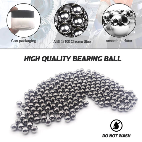 Assorted AISI 52100 chrome steel bearing balls with can packaging and smooth surface, featuring a do not wash instruction label