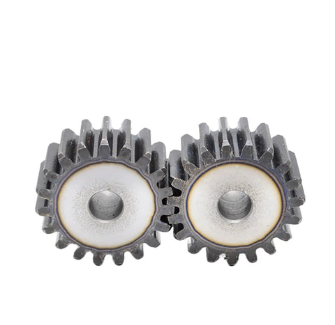 Two steel 2M Bevel Gear Pinion 12 To 27 Teeth Transmission Gears with quenched teeth and 20mm bore, front view close-up.