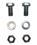 Two metal bolts, washers, and nuts set for Deluxe One Size Fits All Orange And Black Motorcycle Wheel Chock with mounting and tie-down.
