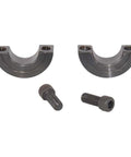 Pair of semi-circular metal clamps with two bolts for assembly.