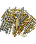 Assorted 100 Piece Taper Pins Set In Steel And Brass For Clock Repairs And Watchmaking, mixed sizes on white background.