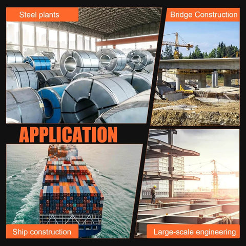 Steel coils in plant, bridge construction site, ship with containers, and building framework showcasing diverse industrial applications