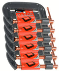ATE Pro USA 6 Pack 4 Inch Heavy Duty Steel C Clamps for woodworking, welding, and metalwork stacked on display