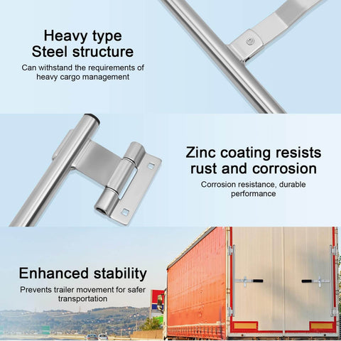 Durable steel cam bar lock with zinc plating and included mounting hardware, shown in close-up and installed on trailer doors.